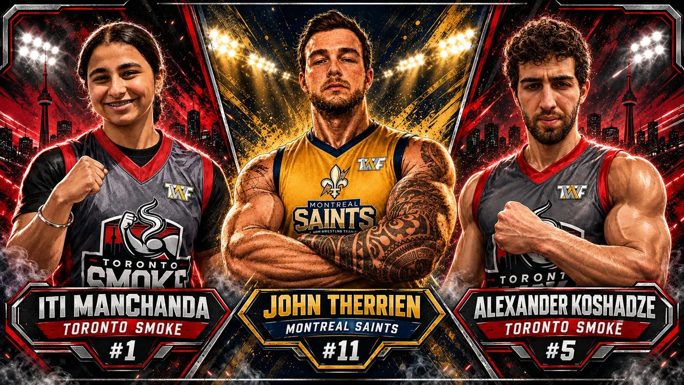 Illustrated cards of three TAWF athletes, two from the Toronto Smoke and one from the Montreal Saints.