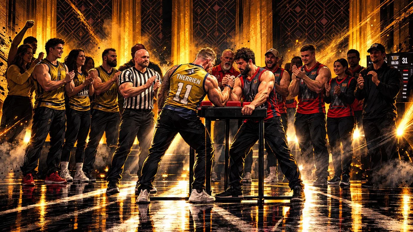 Illustrated key art of two athletes gripped at the table as a referee and both teams line up behind them, cheering.