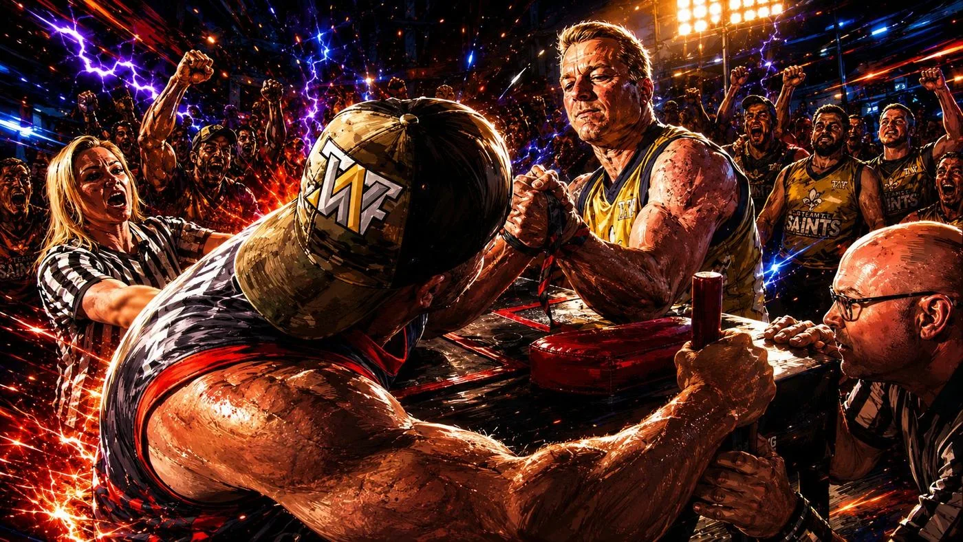 Illustrated key art of a match at the table, a referee on each side and a crowd cheering behind.