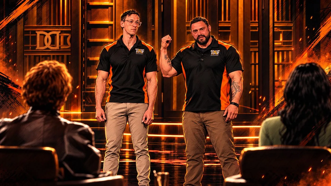 Illustrated art of co-founders Jason Costantini and Alex Keary on the Dragons' Den set, two seated people seen from behind.