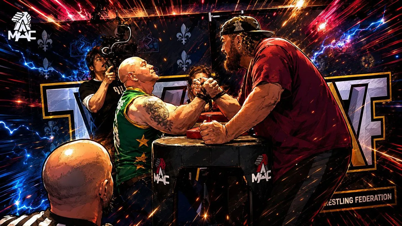 Illustrated key art of two athletes gripped at a TAWF table, a referee and camera operator close by.