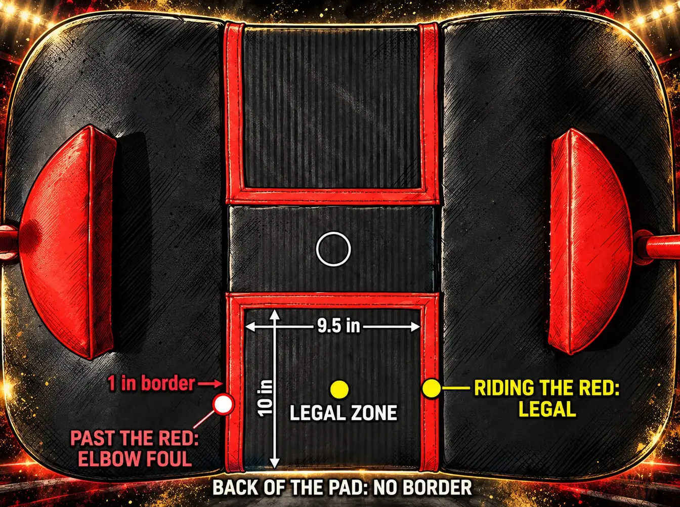 The MAC Table elbow pad from above: a black 9.5 by 10 inch legal zone inside a 1 inch red border on three sides, open at the back. Marked: an elbow on the black is legal, riding the red is legal, past the red is an elbow foul.