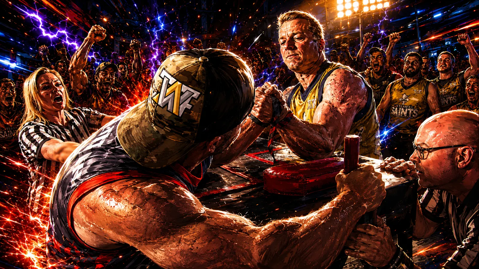 Illustrated key art: two athletes locked in a pull at the table, wrists strapped, as two referees watch.